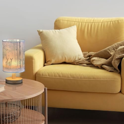 Winter Snowy Forest Deer Blue White Bedside Table Lamps with USB Port for Bedroom Lamp Accent Table Lamp Small Nightstand Lamp Sturdy Linen Shade Wooden Decorative Lamps for Home|Kids|Holiday