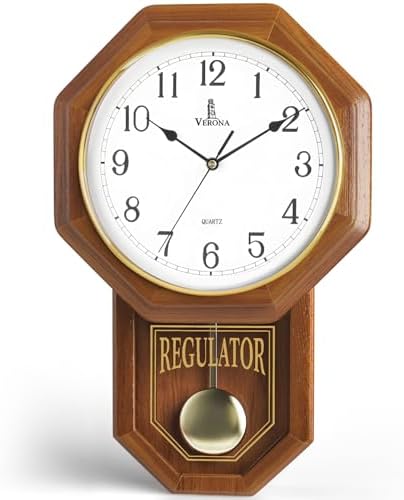Pendulum Wall Clock Battery Operated, Real Wood Regulator Clock, Quiet