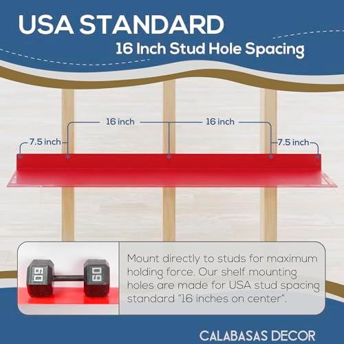 48x8 in Metal Floating Shelf Red Wall Mounted - Made in The USA - Bedroom, Living Room, Bathroom, Kitchen