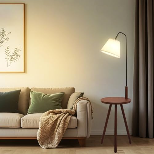 Fiqevs Wood Tripod Floor Lamp with Shelf & LED Bulbs, Mid-Century Modern Standing Lamp with Wooden Shelf & Linen Shade for Living Room, Bedroom, Office
