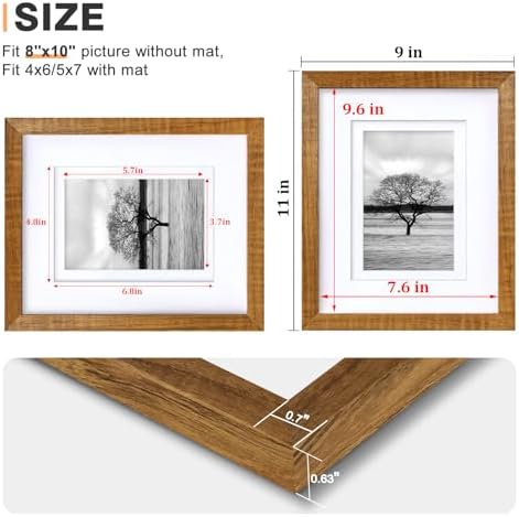 Egofine 8x10 Picture Frames Set of 4, Made of Solid Wood Covered by Plexiglass 4x6 and 5x7 with Mat or 8x10 without Mat, for Table Top Display and Wall Mounting Photo Frame, Teak Wood