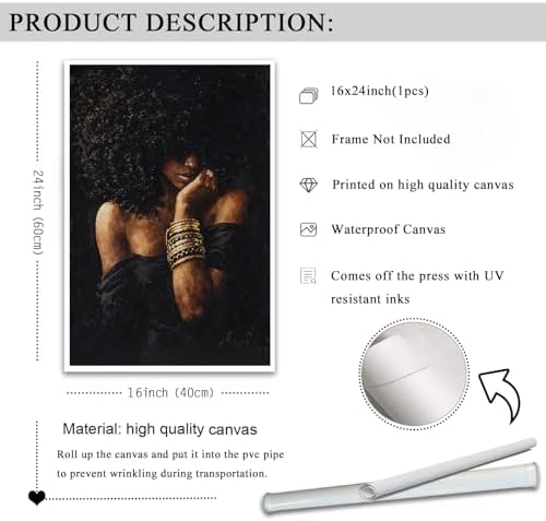 Black Woman Canvas Wall Art Abstract Girl Portrait Poster, 16"x24" Unframed | Fashion Black Girl Wall Art, Trendy African American Sexy Women Canvas Poster, Afro Artwork for Living Room Bedroom Decor