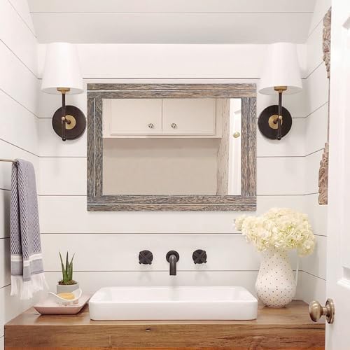 AAZZKANG Large Mirror with Wood Framed 28"x20" Rectangle Rustic Wall Mirror Decor for Bedroom Bathroom Living Room Entryway