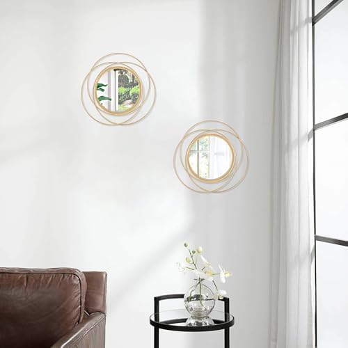 2 Pcs Decorative Circle Wall Mirror Gold Round Modern Mirrors Wall Art Ring Metal Wall Decor Wall Mounted Mirror for Bedroom Living Room Entryway Hallway