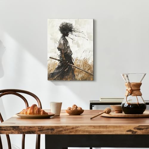 12"x18" African Samurai Canvas – Enigmatic Abstract Warrior Wall Art | Mystic African warrior dons kabuto beneath swirling abstracts. Afrofuturism meets bushido. Hook included, ready to hang.