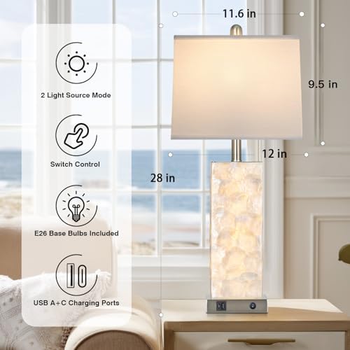 28" Coastal Table Lamps for Living Room Set of 2, Bedside Lamps with Night Light, USB A+C Ports, Modern Sea Shell Bedside Night Stands Light for Beachy Cottage Decor (Silver)