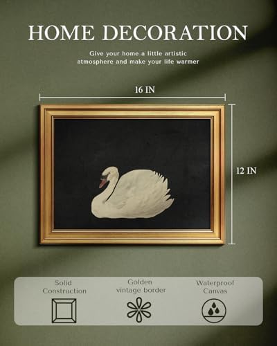 WHASAYART Gold Framed Vintage Wall Art for Living Room, Grace Swan Art Painting Pictures Rustic Animal Bathroom Prints Farmhouse Wall Decor Canvas Swan Shelf Decor for Kitchen Bedroom Zwaan 12"x16"
