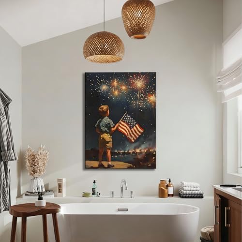 RIBNTAK Patriotic 4th of July Fireworks and American Flag Canvas Wall Art, Little Boy with US Flag Painting, Independence Day Wall Decor for Living Room, Bedroom, Home and Office, Made in USA