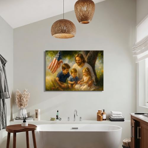 RIBNTAK Made in USA Patriotic Christian Wall Art, Jesus with Kids and US Flag Canvas Print, Inspirational Religious Home Decor for 4th of July, Memorial Day, and Christian Family Gifts