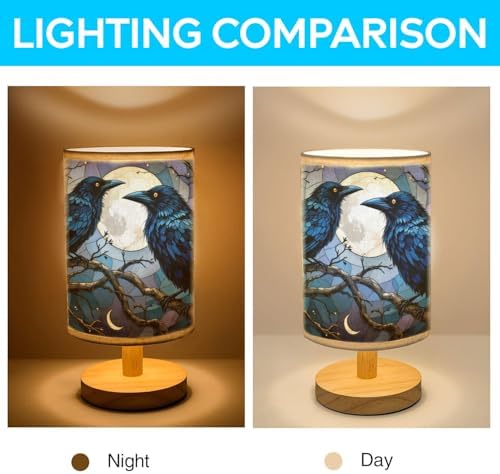 Raven and Crow Table Lamp LED 3-Color Pressed Bedside, Raven and Crow Shade Lamp with Wood Base for Bedroom Living Room Desk Office TL01