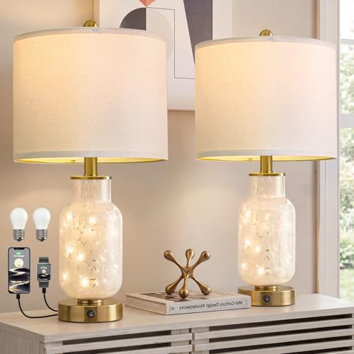 Oneach 22" Glass Table Lamps Set of 2 with Night Light for Bedroom, White