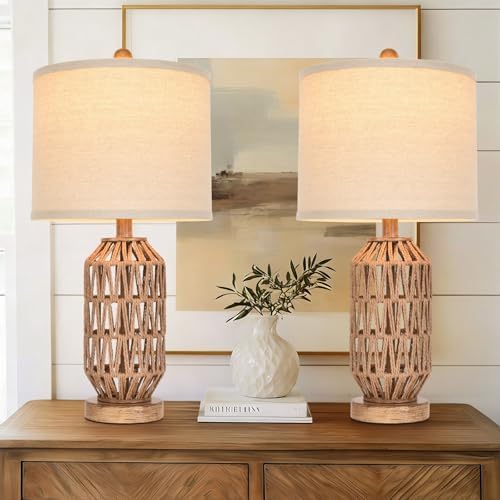 22.5” Rattan Table Lamp Set of 2, Woven Boho Lamp for Bedroom Living Room, 11x11x9 Fabric Drum Shade, E26 Base (Max 60W), Stable Wood Base for Nightstand Console