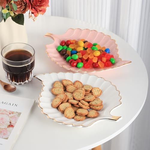 VanEnjoy Decorative Candy Dishes - Pink Ceramic Key Bowl for Entryway Table, Leaf Jewelry Plate Tray