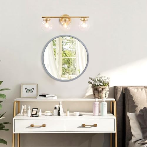 JJUUYOU Wall Round Mirror Wall Mounted Circle Mirrors, Gray Metal Aluminum Alloy Frame Mirror for Bathroom Vanity, Bedroom Home Decor Mirros