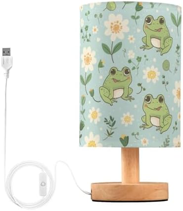 Cute Kawaii Frogs LED Table Lamp - Modern Minimalist Bedside Lamp with Round Flaxen Fabric Shade for Nightstand, Perfect for Bedroom Ambiance