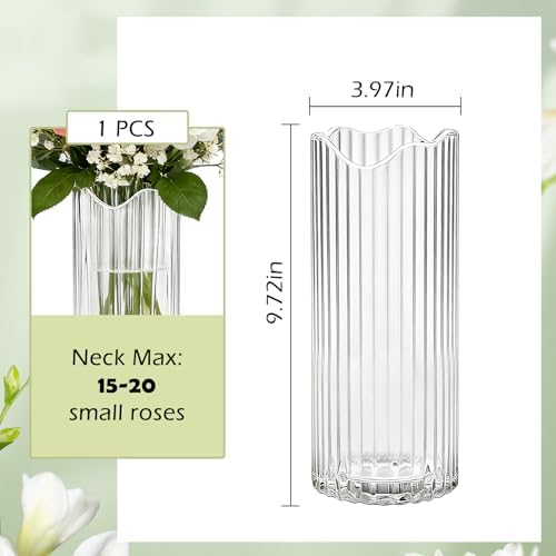 9 inch Tall Ribbed Clear Glass Vase,Vases for Flowers | glass vases for flowers,Glass Cylinder Vases for Wedding Reception,Home Decor,Centerpieces,Housewarming Gift