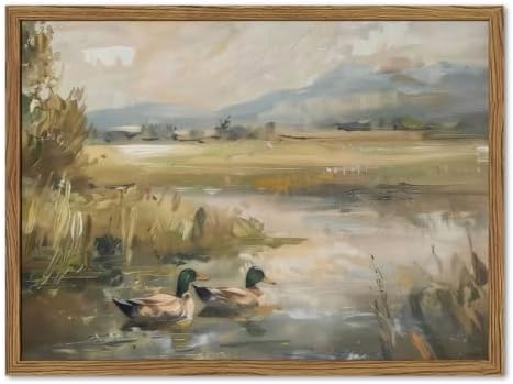 Framed Vintage Mallard Duck Wall Art Countryside Wildlife Pond Nature Canvas Prints Rustic Landscape Pictures Wall Decor for Living Room Bedroom Dining Room Offices 16x24 inch