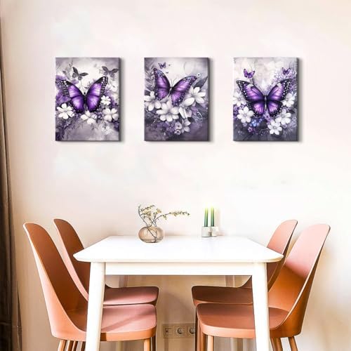 Purple Butterfly Wall Art Bathroom Decor Abstract White Flowers Pictures Purple Bedroom Decor Butterfly Canvas Prints Paintings Wildflower Landscape Artwork for Living Room Home Decoration 12x16" 3Pcs