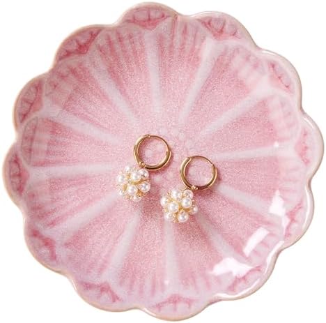 Lotus Ring Holder Dish Small Indoor Ash Tray, Ceramic Dessert Plate Trinket Jewelry Holder Organizing Necklace Earrings for Parents Friends Sister, Pink. All Jewelries Are NOT Included.