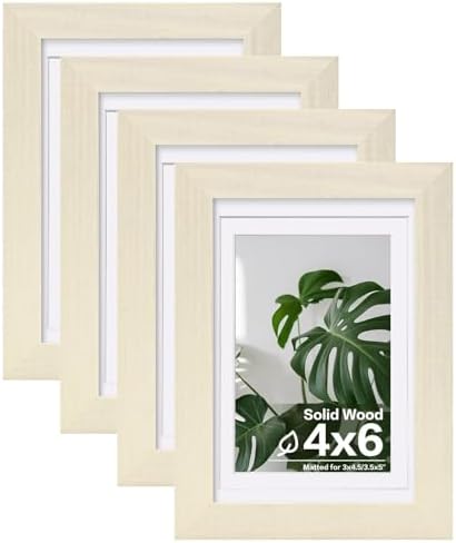 Egofine 4x6 Picture Frames Set of 4, Made of Solid Wood Covered by Plexiglass 3x4.5 and 3.5x5 with Mat or 4x6 without Mat, for Table Top Display and Wall Mounting Photo Frame Beige