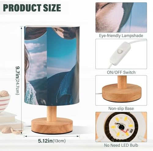 Goat in Blue Suit Table Lamp Bedside Lamps with USB Port,Wood Base Round Flaxen Fabric Shade for Bedroom