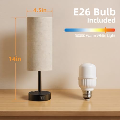 2PCS Table Lamp for Bedroom, Dimmable Touch, AC Outlet, USB A+C