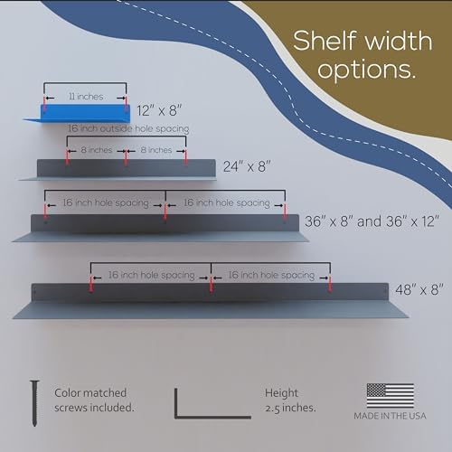 12x8 in Metal Floating Shelf Blue Wall Mounted - Made in The USA - Bedroom, Living Room, Bathroom, Kitchen