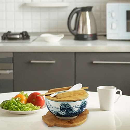 XWORLD Japanese Ceramic Ramen Noodle Bowls Set with Ceramic Spoon, Bamboo Chopsticks, Lid & Trivet, Serving Capacity of 33.8 OZ, Microwavable Oven Safety (3.3” x 6.6” D) (Blue Sea)