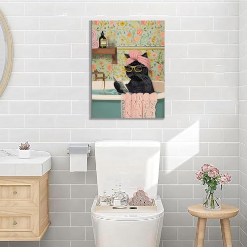 Yaneiro Funny Black Cat Bathroom Canvas Bathroom Wall Art Framed Cute Cat Prints Pictures Posters Wall Decor for Living Room Bedroom Toilet Kids Room Wall Paintings 12x16 in