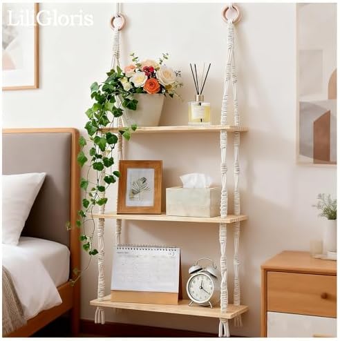 3-Tier Boho Hanging Shelves for Wall - Rustic Floating Wood Shelves with Rope, Macrame Plant Shelf Organizer for Home Decor - Farmhouse, Bohemian Style for Bedroom