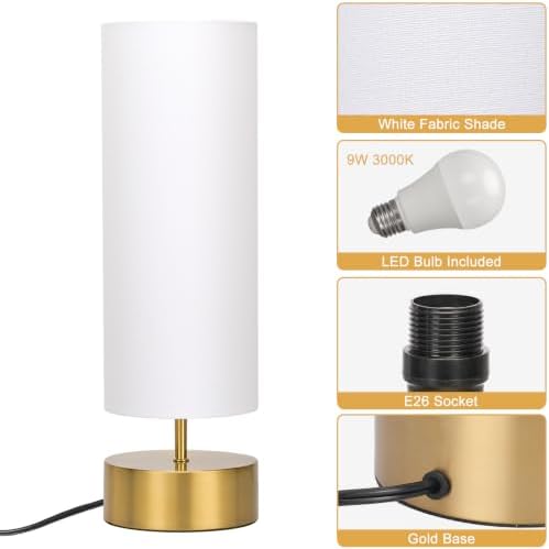 3-Way Dimmable Table Lamp, Touch Control Gold Bedside Lamp with White Shade