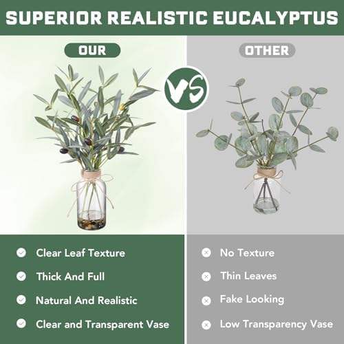 Artificial Olive Branches in Glass Vase, 15.74-in Faux Greenery