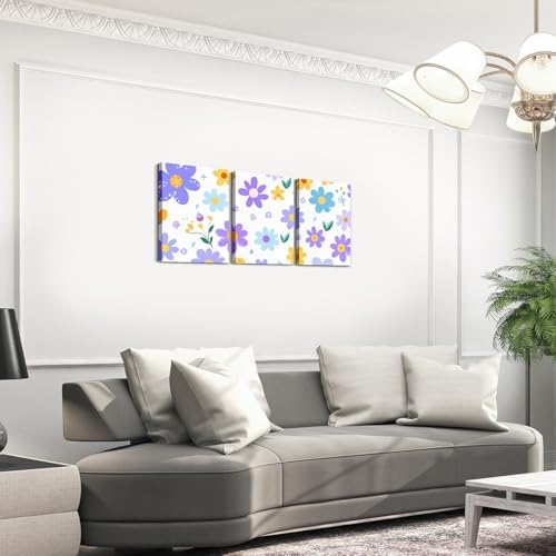 Feelyou Cute Flower 3 Piece Canvas Wall Art for Living Room Bedroom Cartoon Cute Floral Office Decor Artwork Purple Yellow Wall Art for Home Decor Kawaii Picture Posters
