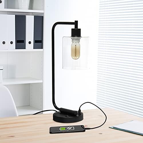 Simple Designs LD1066-BLK-LB Industrial Vintage Bronson Iron Lantern Desk Table Lamp with USB Port and Glass Cylinder Shade for Office, Living Room, Bedroom, Black, with Feit LED Bulb Included