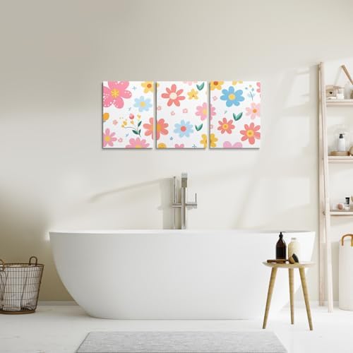 Feelyou Cute Flower 3 Piece Canvas Wall Art for Living Room Bedroom Cartoon Cute Floral Office Decor Artwork Yellow Pink Wall Art for Home Decor Kawaii Picture Posters