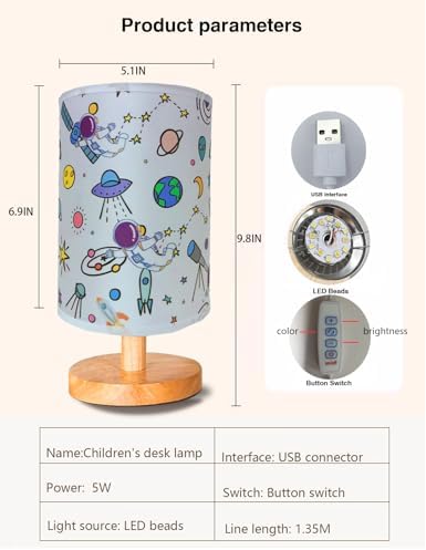 Astronaut Kids Table Lamp, Astronauts Room Decor for Boys,3 Level Dimmable Wood Nightstand Desk Base Flaxen Fabric Shade for Bedroom Living Room,Astronauts Gifts for Boys