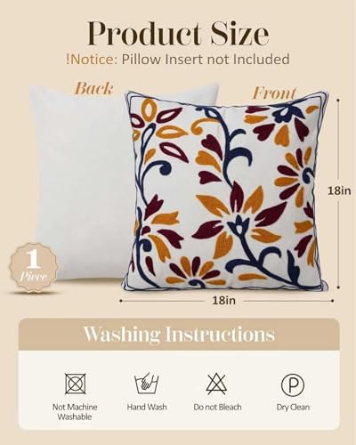 Embroidered Floral Boho Throw Pillow Cover 18x18 Inch - Decorative Cotton Pillow Case for Couch, Sofa, Bedroom, Living Room - Farmhouse Home Aesthetic Housewarming Gifts (Vintage Charm, 18" x 18")