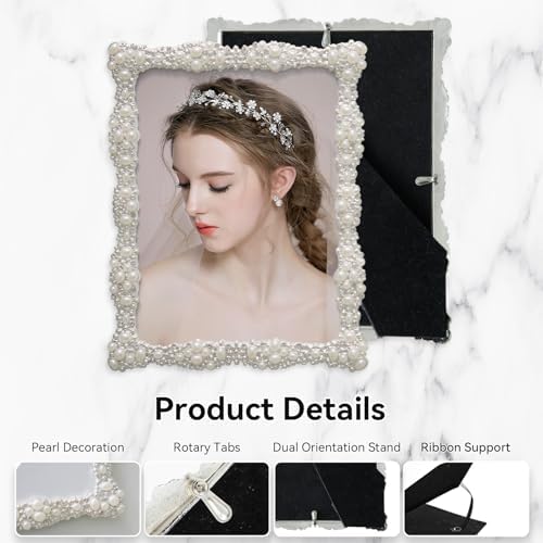 DIKAR 6x8 Picture Frame with Pearl for Wedding, Silver Plated with HD Acylic Finish Photo Frames with Rhinestones for Horizontal and Vertical Decor Tabletop Display