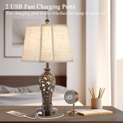 Set of 2 Farmhouse Table Lamps for Living Room with USB C+A Ports