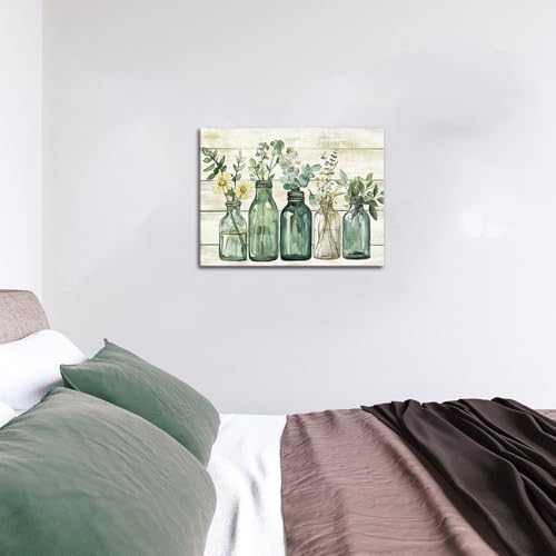 Yaoliyu Bathroom Decor Eucalyptus Flower Canvas Wall Art Green Botanical Prints Plant Floral Glass Vase Painting Rustic Bathroom Picture Wall Decor Farmhouse Artwork 12x16inch