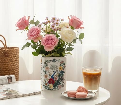 LIFFY Ceramic Vase for Flowers, 6.3 Inch Tall Farmhouse Centerpiece with Double Handles, Rustic Terracotta & Modern Navy White - Home Table Decor (Green-Peacock)