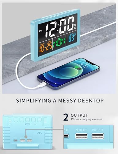 JALL Digital Clock with Date Day for Seniors, Electric Alarm Clocks for Bedrooms with Temperature, 2 Alarms, Dimmer, Dual USB Charger, Battery Backup, Volume Control, Snooze, Bedside Desk Clock, Blue