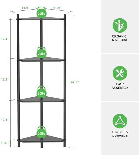 Wisuce Black Small Corner Shelf Stand, 4-Tier Bamboo Corner Bookshelf