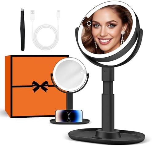 B Beauty Planet Vanity Mirror with Lights, 30X Magnifying Makeup Mirror, 3 Lighting and Adjustable Brightness, Rechargeable 2-Sided Height Adjustable Desk Mirror for Bedroom, Gifts for Women Black