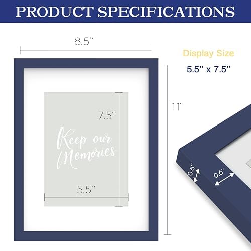 An&He 8.5x11 Picture Frame, Wooden Frame with Tempered Glass for Home or Office Display – Dark Blue