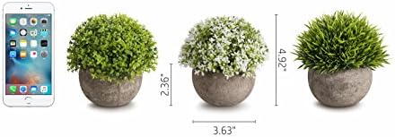 Opps Artificial Plastic Mini Plants Unique Fake Fresh Green Grass Flower in Gray Pot for Home Décor – Set of 3