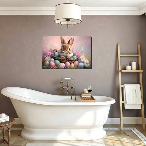 Oversize Vivid Easter Bunny Eggs Framed Canvas Wall Art for Bedroom, Colorful Easter Canvas Prints Pictures Wall Decor for Home, Kitchen, Office, Bar Artistic Wall Decorations