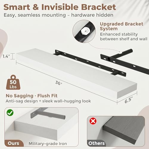 FLYJOE 36 Inch Floating Shelves for Wall Set of 2, 6.5" D Wood Grain Bathroom Shelves with Invisible Brackets, Easy Install Engineered Wood Storage Shelves for Kitchen, Living Room, Bedroom