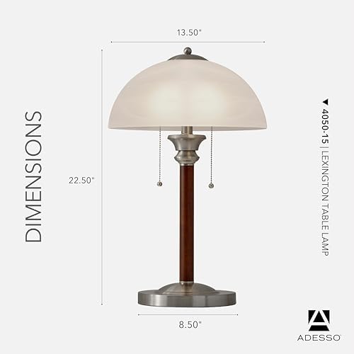 Adesso 2-Light Table Lamp, Walnut & Frosted Glass, Dual Pull Chains, 22.5”