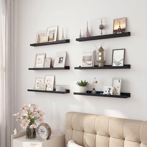 Acovy Floating Shelves Set of 6, 24 Inch Wall Mounted Picture Ledge Shelf with Lip, Black Display Shelves for Living Room, Bedroom, Nursery, Bathroom & Kitchen